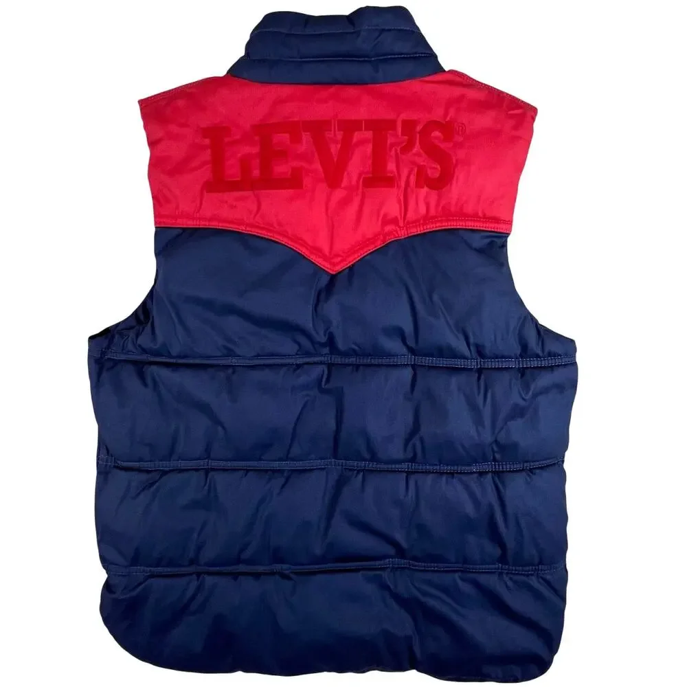 Levis Puffer Vest Youth M Sherpa Collar Logo Back Fits Womens XS Navy Red Warm